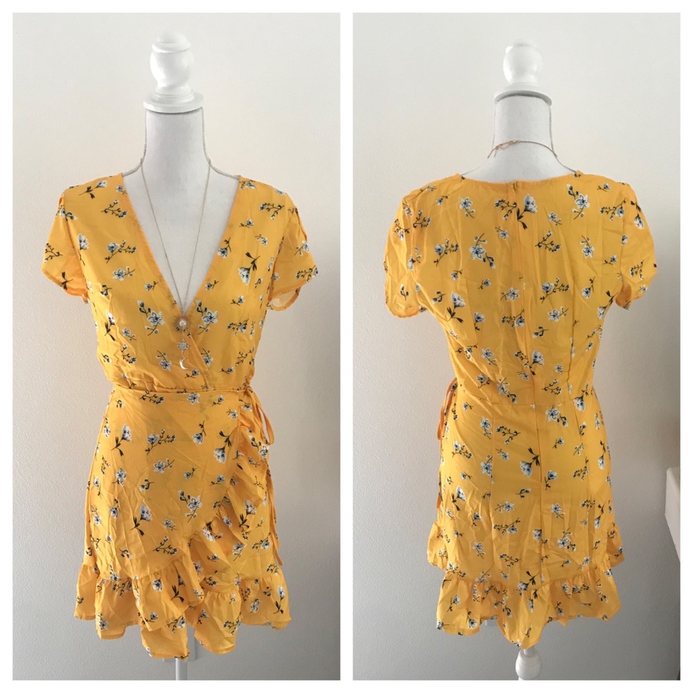 Amazon yellow blue mini wrap dress floral summer festival spring summer large